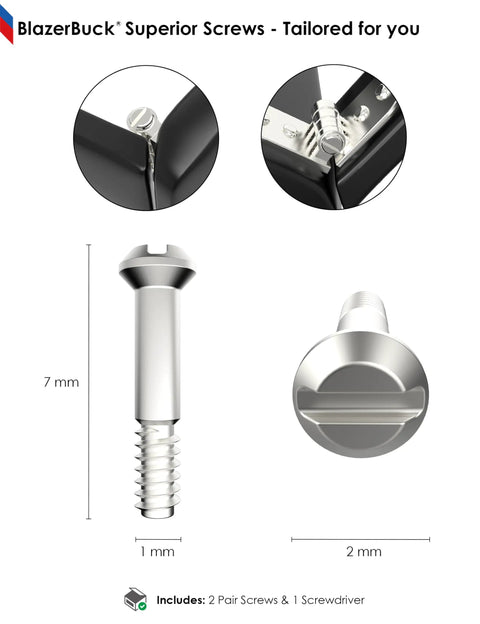 Close-up of 2 Pairs Replacement Screws Kit For Wayfarer Sunglasses With Stainless Steel Screws and Screwdriver, silver color.