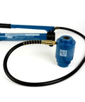 Heavy Duty Hydraulic Knockout Punch Kit for Electrical Conduit Holes, 4 Inch Size, 13 Ton Power, shown with blue hydraulic pump