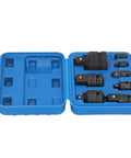 Eight Piece Pneumatic Sleeve Adapter Set Double Ended Socket Reducers For Quick Vehicle Repairs Three Eighths To One Quarter Inch And One Half To Three Quarters Inch Size Transitions In One Kit Chrome Vanadium Steel With Handy Toolbox displayed in blue case