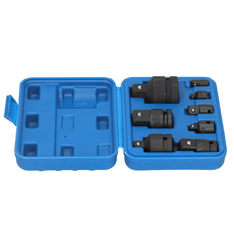 Eight Piece Pneumatic Sleeve Adapter Set Double Ended Socket Reducers For Quick Vehicle Repairs Three Eighths To One Quarter Inch And One Half To Three Quarters Inch Size Transitions In One Kit Chrome Vanadium Steel With Handy Toolbox displayed in blue case