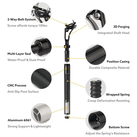Beefy Suspension Seatpost For Tall Riders With 300 Pound Support And 28.6Mm Shim, 400Mm Length, detail of parts and materials