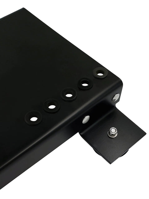 Close-up of Rugged Pressure Washer Skid Plate Frame In Black Painted Steel With Rubber Feet 10x16 Deck, Pre Drilled Holes