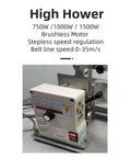 Professional 1500W Mini Belt Sander With Brushless Motor control panel displaying settings and features for precise woodworking.