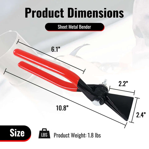 3 In 1 Sheet Metal Bender Pliers With Adjustable Jaw showing product dimensions and red handles.