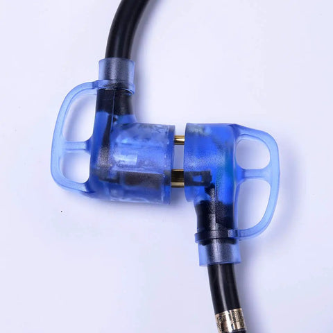 Heavy Duty 50 Foot RV Extension Cord TT30P To TT30R 30Amp With LED Indicator connectors, close-up view of blue plugs