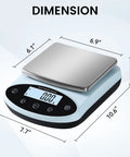 Precision Lab Scale 5000g x 0.01g Digital Balance with dimensions displayed, featuring LCD screen and stainless steel platform