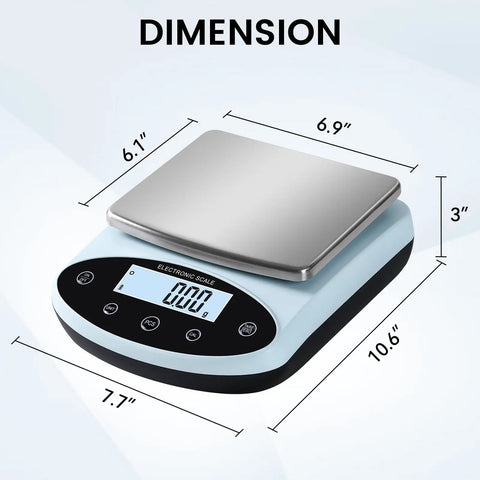 Precision Lab Scale 5000g x 0.01g Digital Balance with dimensions displayed, featuring LCD screen and stainless steel platform