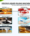 Viscous Liquid Filling Machine image showcasing various viscous liquids like honey, sauces, and personal care products.