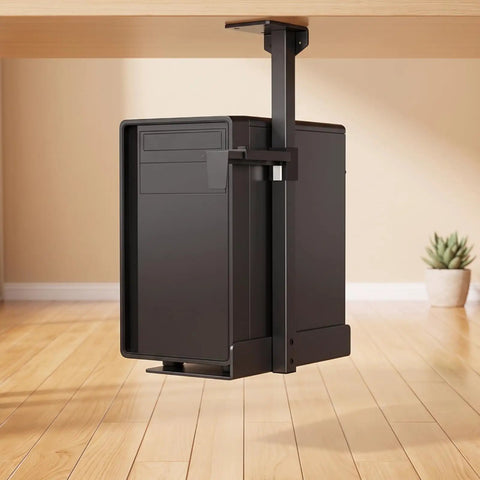 Rock Solid Under Desk Pc Mount Heavy Duty Steel Bracket cradling a tower case under a desk to save floor space.