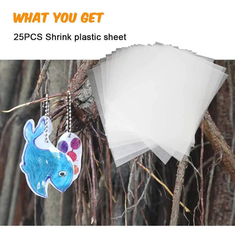 25 Pcs Shrink Plastic Sheets For Crafts And DIY Jewelry Making Heat Shrink Blank Sheets 0.3mm Thick 14.5 By 20 Cm Size Ideal For Custom Jewelry Kids Projects And Creative Arts shown with craft keychain example.