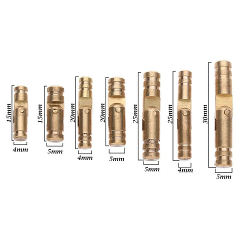 Mini Folded Box Concealed Barrel Hinge Set In Pure Copper for Furniture, showing various sizes and dimensions.