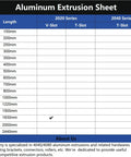 Aluminum extrusion size chart showing lengths from 150mm to 2440mm for 2020 and 2040 series V-Slot and T-Slot profiles.