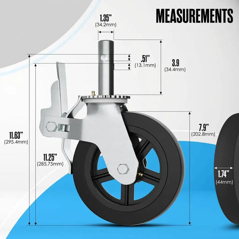 Heavy Duty Scaffolding Wheels With Swivel Stem Mount And Dual Lock Brakes dimensions and steel stem mount details with measurements.