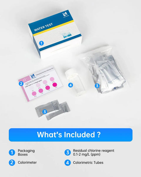 Top Tier Free Chlorine Test Kit Boasting Fifty Rapid Action Tabs And Dead Easy Color Chart For Pool Spa And Well Water Analysis Drops Spot On Ppm Readings So Your Pool And Spa Setup Stays Fresh And Crisp Without Any Sweat. Includes packaging, colorimeter, and residual chlorine reagents.