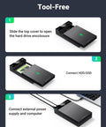 Dope USB 3.0 External Hard Drive Enclosure For 2.5 And 3.5 Inch SATA HDD Or SSD With Lightning Fast 5Gbps Bulk Transfers Up To 20TB Storage shown in tool-free setup steps.