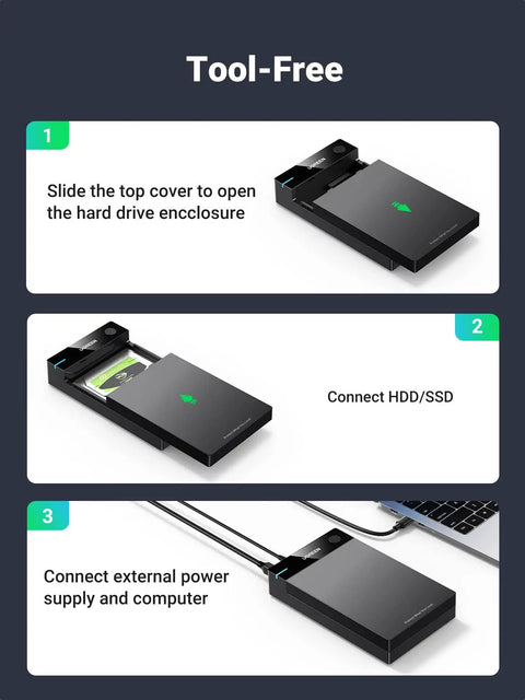 Dope USB 3.0 External Hard Drive Enclosure For 2.5 And 3.5 Inch SATA HDD Or SSD With Lightning Fast 5Gbps Bulk Transfers Up To 20TB Storage shown in tool-free setup steps.