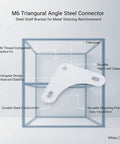 M6 Threaded Triangular Angle Steel Connector White Shelf Bracket For Metal Shelving Reinforcement with labeled features