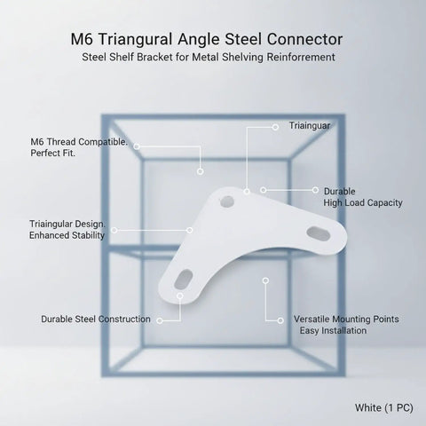 M6 Threaded Triangular Angle Steel Connector White Shelf Bracket For Metal Shelving Reinforcement with labeled features