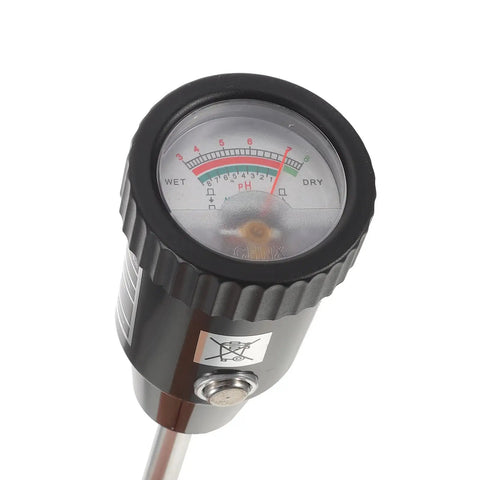 Close-up of 2-In-1 Soil Moisture Meter And PH Tester With A 12 Inch Probe, showing moisture and pH scale, durable build.