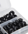 105 Piece Rubber Grommet Set For Wiring, Plumbing, And Cables, Guards Wires From Friction, Built Tough Rubber Construction, Five-Size Variety For Easy Replacement And DIY Projects. black rubber grommets in compartment box