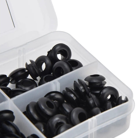 105 Piece Rubber Grommet Set For Wiring, Plumbing, And Cables, Guards Wires From Friction, Built Tough Rubber Construction, Five-Size Variety For Easy Replacement And DIY Projects. black rubber grommets in compartment box