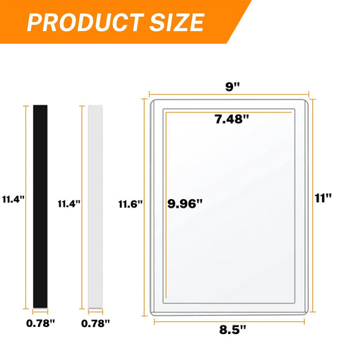 Diagram of Ten Pack Magnetic Sign Holders 8.5 by 11 inch showing dimensions and thickness for clear plastic sign holders.