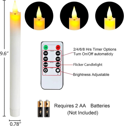 Diagram showing Eight Inch Ivory Flameless Taper Candles With Remote And Timer and battery details, highlighting flickering flame.