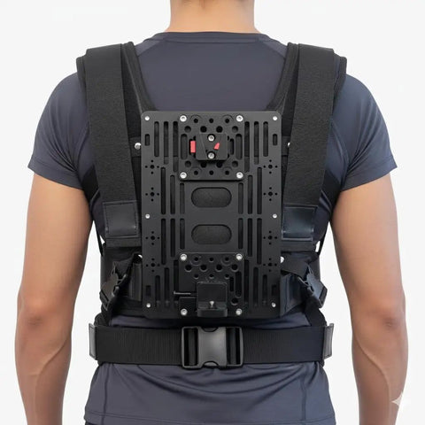 Back view of Thanos X Gimbal Support Vest System Steadicam Rig for DJI RS4 Pro RS3 RS2 With V Mount Battery on person.