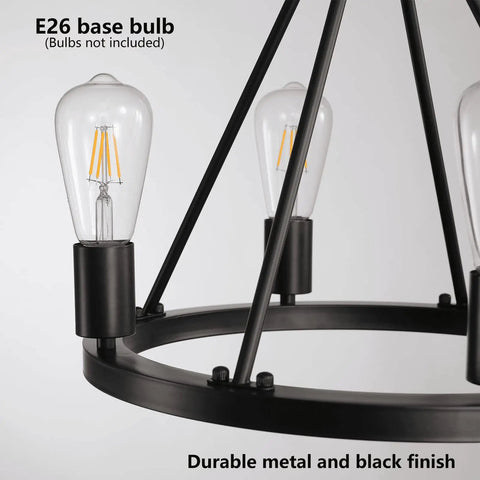 Close-up of 4 Light Wagon Wheel Chandelier Plug In Black Metal Pendant Light With 16.5 Ft Cord And On Off Switch Modern Industrial Style Fixture