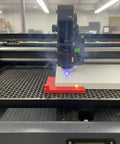 Five-Magnet Laser Honeycomb Bed Alignment Tool With Easy Lift Tab Rock-Solid Neodymium Magnetic Grip For Precise Cut And Engrave Keeps Materials From Shifting During Fast Laser Head Movements 90 Degree Corner Jig installed on laser bed