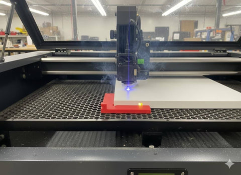 Five-Magnet Laser Honeycomb Bed Alignment Tool With Easy Lift Tab Rock-Solid Neodymium Magnetic Grip For Precise Cut And Engrave Keeps Materials From Shifting During Fast Laser Head Movements 90 Degree Corner Jig installed on laser bed
