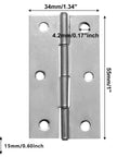 Top Tier 12 Pack Of 2.5 Inch Mini Butt Hinges In Classic Silver Finish, showing dimensions of 34mm x 55mm, made from rustproof 304 stainless steel.