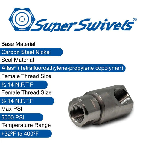 Heavy Duty Half Inch FXF Swivel With MxM Adapter, nickel plated steel, 5000 PSI, hose reel replacement.