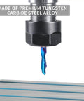 Five Piece Downcut Spiral Router Bits With One Quarter Inch Shank And One Quarter Inch Cutting Diameter Solid Carbide Top Shelf Nano Blue Coating for wood cutting and carving on CNC routers, close-up view on CNC setup.