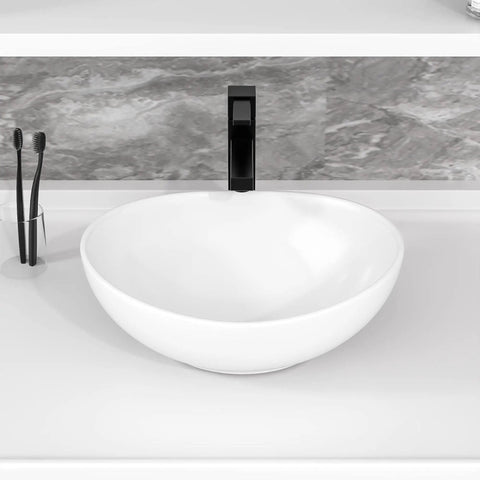 Oval Vessel Sink For Bathroom Above Counter White Ceramic Porcelain Vanity Lavatory Bowl 16 By 13 Inches Modern European Inspired Design With High Gloss Durable Glaze Non Porous Surface Fits One And Three Quarter Inch Drain