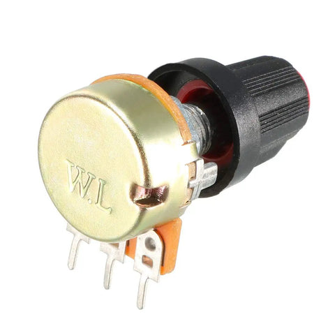 Close-up of a Set Of 10 20K Ohm Variable Resistors Potentiometer With Knob For Audio Volume Control, single-turn, carbon film.