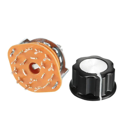 3 Pole 4 Throw Rotary Switch with Band Selector, black plastic knob, 9mm mount hole, 15 pins, nut included, two pieces pack