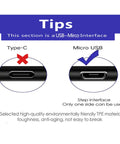 Diagram showing Type-C and Micro USB interfaces with usage tips for Beefy USB Charging Cable For Ring Video Doorbell 2 3 Plus 4 Pro Plus Peephole Cam Battery Charger Cord Orange Thick PVC 1000 Plus Bends Tested Safe Fast Power Lead For Home Security System.