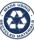 Recycling symbol with 'Made Using Recycled Materials' text on a circular badge.
