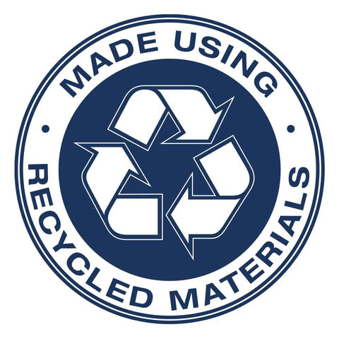 Recycling symbol with 'Made Using Recycled Materials' text on a circular badge.