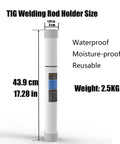 White waterproof TIG welding rod holder tube standing upright with dimensions and features highlighted.