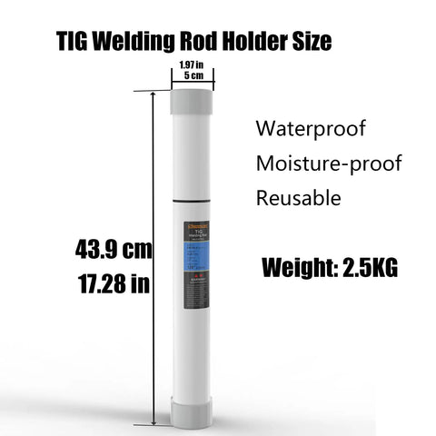 White waterproof TIG welding rod holder tube standing upright with dimensions and features highlighted.