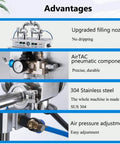 Close-up of Smooth Operator Double Nozzle Pneumatic Bottle Filling Machine, highlighting AirTAC components and stainless steel build.