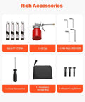Accessories for Three In One Do It All Electric Pipe Threader Machine, including dies, oil can, hex keys, screwdriver, bag, screws