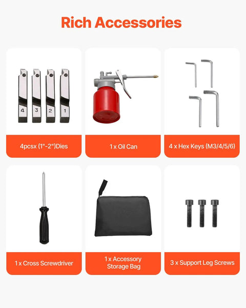 Accessories for Three In One Do It All Electric Pipe Threader Machine, including dies, oil can, hex keys, screwdriver, bag, screws