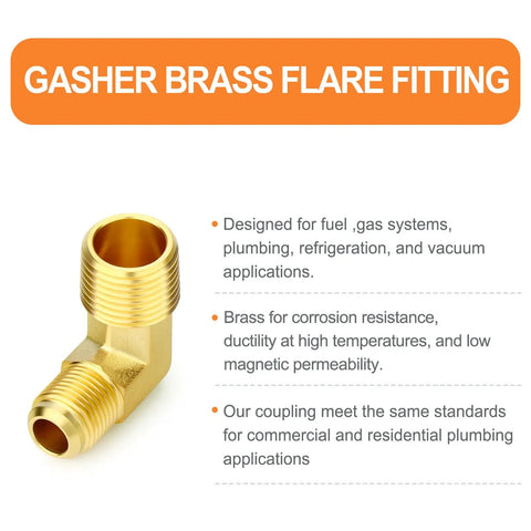 Dope Brass Tube Fitting Elbow Adapter Three Eighths Inch Flare To One Half Inch NPT Male Two Pack with specifications displayed