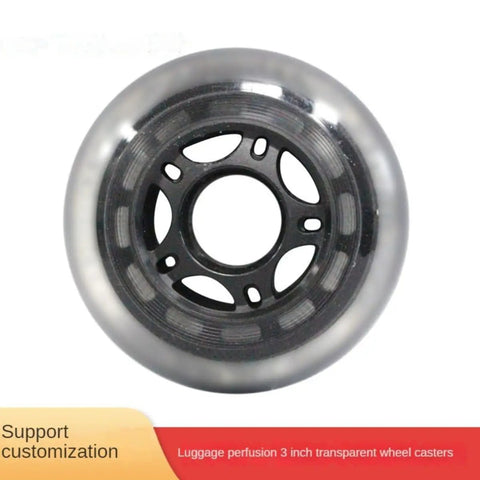 Transparent wheel with black hub, focus on 3-inch caster design, suitable for luggage customization.