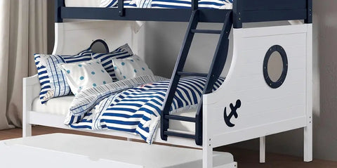 Twin Over Full Bunk Bed With Attached Ladder Upper Bed Rails Lock Joint Safety System Slat Kit Included Blue White Trundle