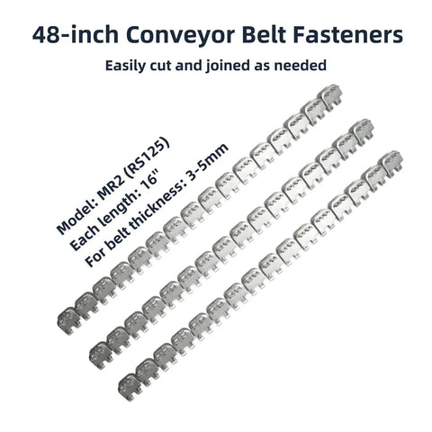 48 Inch Long Stainless Steel Conveyor Belt Fasteners Clips With 27.5 Inch Hinge Pin For Industrial Belt Lacing Built Tough Fits 3-5mm Belt Thickness Split Into Three Equal Sections Corrosion Resistant displayed with specifications.