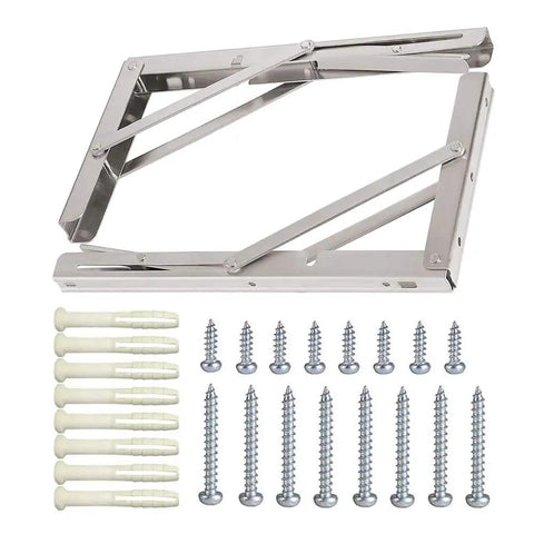 No Sweat Install Bulletproof 22 Inch Folding Shelf Brackets 2 Pack Stainless Steel Heavy Duty L Bracket With Sleek Brushed Corrosion Shield Finish, includes wall screws and anchors.
